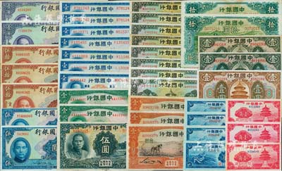 中國銀行紙幣共40枚，詳分：1918年上海壹圓2枚、天津壹圓，1934年天津牧羊圖拾圓2枚，1935年天津馬耕地壹圓3枚、上海天壇圖壹圓8枚、上海地名黑色伍圓，1936年壹圓2枚連號，1937年壹圓7枚，無年份天壇壹角3枚、長城貳角4枚，1940年伍圓無字軌、伍圓前后字軌、重慶地名伍拾圓3枚、重慶地名壹百圓2枚；整體品相較佳，八成至全新不等，值得預覽和重視