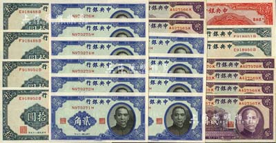 中央銀行法幣共23枚，詳分：中華版1940年貳角10枚連號、拾圓2枚連號、拾圓相同號碼券2對不同（唯前面字軌不同），1941年貳圓6枚連號；保安版1941年貳拾圓棕色簽名1枚；海外藏家出品，九八至全新