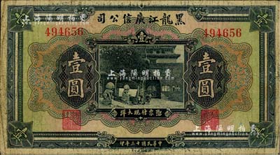 民國十三年（1924年）黑龍江廣信公司現大洋券壹圓，無字軌，美國藏家出品，七五成新