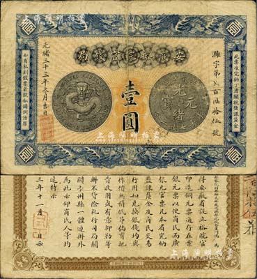 光緒三十三年（1907年）安徽裕皖官錢局壹圓，其銀幣圖及背面告示文字清晰；美國Mr. Kevin藏品，已屬較佳品相，八成新
