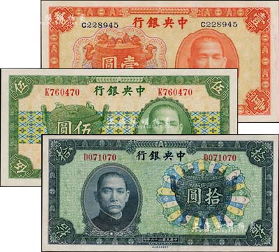中央銀行中華版寶鼎圖1936年壹圓、1937年伍圓、拾圓共3枚全套，均為單字軌，孔祥熙·李覺(jué)簽名，九五至全新