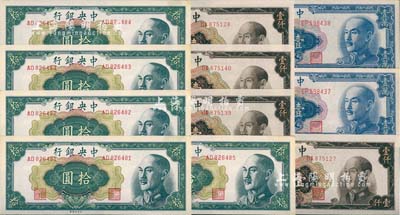 中央銀行金圓券中央廠版共11枚，詳分：1948年拾圓5枚連號，1949年棕色壹仟圓4枚分段連號、壹萬圓2枚連號，九八至全新，敬請預覽