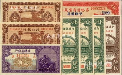 省鈔8枚，詳分：直隸省銀行1926年壹角；河北銀行1929年壹角2枚連號，天津地名，背印魯穆庭英文簽名；河北銀錢局1938年肆枚3張、陸枚；察哈爾商業錢局1933年伍圓，張家口·平津通用地名；海外藏家出品，九五至全新