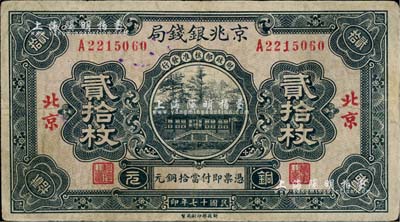 民國十七年（1928年）京兆銀錢局銅元貳拾枚，北京地名，該局為河北銀錢局之前身，七五成新