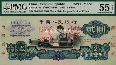 第三版人民幣“車工”貳圓票樣，布圖水印，香港藏家出品，九五成新