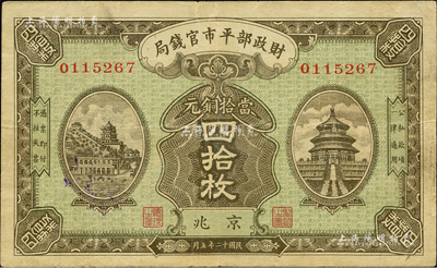 民國十二年（1923年）財政部平市官錢局當拾銅元四拾枚，京兆地名；森本勇先生藏品，八成新