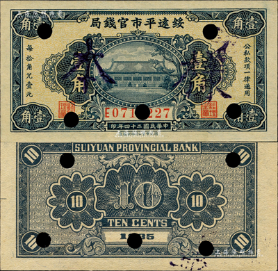 民國二十四年（1935年）綏遠(yuǎn)平市官錢局壹角，正票改作樣本；森本勇先生藏品，源于日本前輩名家末次節(jié)雄之舊藏，九五成新