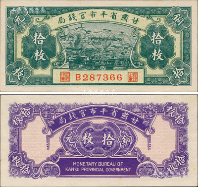 民國無年份版·甘肅省平市官錢局銅元拾枚，森本勇先生藏品，少見，九八成新