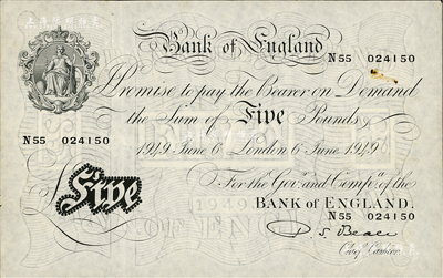 1949年英格蘭銀行白色5鎊，上印不列顛女神像，滿版水印，海外藏家出品，有訂孔，八五成新
