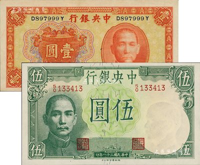 中央銀行紙幣2種，詳分：1936年中華版寶鼎壹圓，孔祥熙·李駿耀簽名；1942年德納羅版伍圓，李駿耀·田亦民簽名；此兩種簽名券均較少見，美國藏家出品，九八成新
