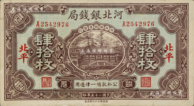 民國二十五年（1936年）河北銀錢局銅元肆拾枚，北平地名，九至九五成新