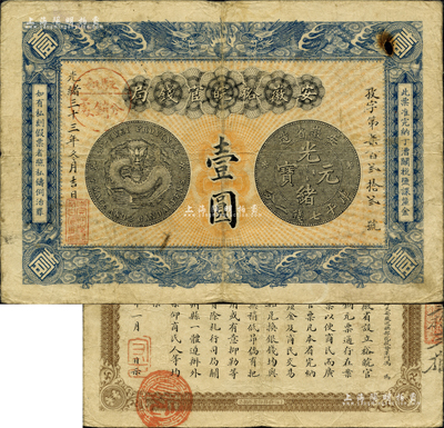光緒三十三年（1907年）安徽裕皖官錢局壹圓，加蓋“駐和分銷處”（即和州，今稱和縣）地名圓戳；柏文先生藏品，票上有一蛀孔，七五成新