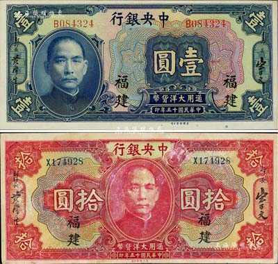 民國十五年（1926年）中央銀行大洋壹圓、拾圓共2枚，福建地名；聞云龍先生藏品，背蓋收藏章，七五至九八成新