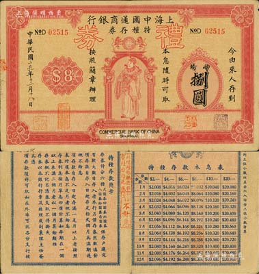 民國二十九年（1940年）上海中國通商銀行特種存券改禮券國幣捌圓，由廈門分行發行和兌現，上印財神圖，少見且形制美觀；美國Mr. Kevin藏品，八成新