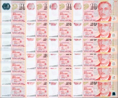 新加坡（2005年）拾圓塑膠鈔趣味號碼券共25枚全套，詳分趣味號碼111111、222222、333333、444444、555555、666666、777777、888888、999999、000001至000010十連號、000088、000888、008888、088888、123456、654321，且此25枚鈔票均為3FP同一冠字，尤為難得；海外藏家出品，全新