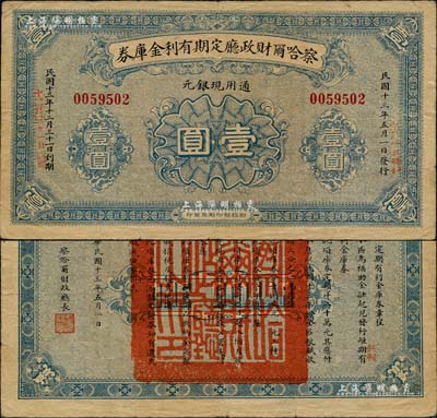 民國十三年（1924年）察哈爾財政廳定期有利金庫券通用現銀元壹圓，由財政部印刷局印制，背印庫券章程；省鈔之珍罕品，目前存世僅見數枚，原票七五成新