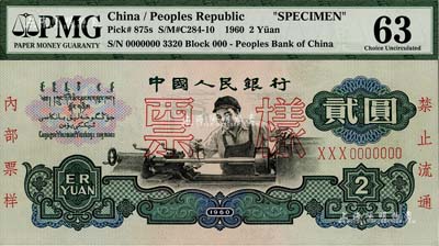 第三版人民幣“車工”貳圓票樣，布圖水印，全新