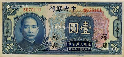 民國十五年（1926年）中央銀行大洋壹圓，福建地名，九五成新