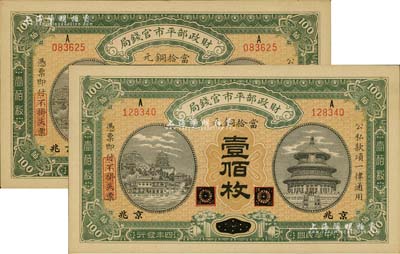 民國四年（1915年）財政部平市官錢局當拾銅元壹佰枚共2枚，黑龍江改京兆地名，源于前輩藏家之遺存，九五成新