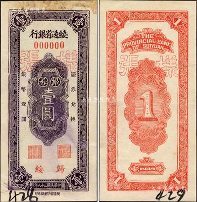 民國三十八年（1949年）綏遠省銀行銀券壹圓樣張，正背共2枚，歸綏地名，綏遠省印刷廠承印；森本勇先生藏品，源于江南聽雨軒之舊藏，罕見，未折九成新