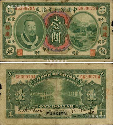 民國(guó)元年（1912年）中國(guó)銀行兌換券黃帝像壹圓，福建地名，馮耿光·程良楷簽名；罕見(jiàn)，邊有小損，原票七成新