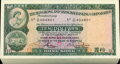 1983年香港上海匯豐銀行拾圓原封共100枚連號，香港地名，海外回流品，九八成新