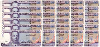 2006年菲律賓100比索趣味號碼券共30枚全套，分別為111111、222222、333333、444444、555555、666666、777777、888888、999999、000001至000010十連號、100000、200000、300000、400000、500000、600000、700000、800000、123456、654321、1000000之趣味號碼