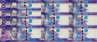 2015年菲律賓100比索共10枚全套，分別為111111、222222、333333、444444、555555、666666、777777、888888、999999、1000000之趣味號碼；海外藏家出品，全新