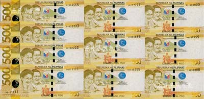 2014年菲律賓500比索共10枚全套，分別為111111、222222、333333、444444、555555、666666、777777、888888、999999、1000000之趣味號碼；海外藏家出品，全新