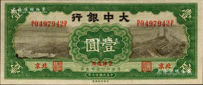民國廿七年（1938年）大中銀行長城圖壹圓，北京·京津通用地名；源于森本勇先生之舊藏，九八成新