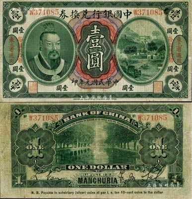 民國元年（1912年）中國銀行兌換券黃帝像小洋壹圓，左右各印“東三省通用·每圓付拾角”地名，薩福懋·范磊簽名；源于藏家出品，七五成新