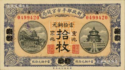 民國八年（1919年）財政部平市官錢局當拾銅元拾枚，山東煙臺改京兆地名；海外藏家出品，九八成新