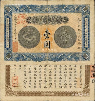 光緒三十三年（1907年）安徽裕皖官錢局壹圓，加蓋“駐六裕皖莊”（即六安）地名圓戳，正背面圖文清晰，已屬較佳品相；柏文先生藏品，八成新