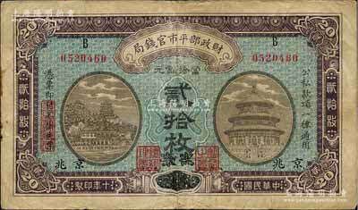 民國十年（1921年）財政部平市官錢局當拾銅元貳拾枚，直隸·保定改京兆地名；森本勇先生藏品，七五成新