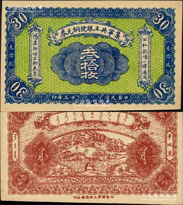 民國十三年（1924年）集寧共立銀號銅元券叁拾枚，平地泉地名，背有蒙文；集寧，清代屬察哈爾正紅旗，1913年屬綏遠，1914年改屬察哈爾，1928年再屬綏遠；少見，九五成新
