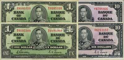 1937年加拿大銀行1元2枚連號、10元2枚，合計共4枚；海外藏家出品，九至九八成新