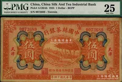 民國十四年（1925年）中國絲茶銀行伍圓，天津地名，八成新