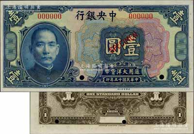民國十五年（1926年）中央銀行大洋壹圓樣本券，臺灣藏家出品，全新