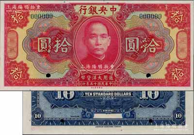 民國十五年（1926年）中央銀行大洋拾圓樣本券，臺灣藏家出品，全新