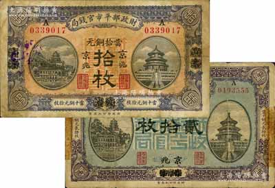 民國八年（1919年）財政部平市官錢局當拾銅元拾枚、貳拾枚共2種不同，均為煙臺改京兆地名；白爾文先生藏品，七成新