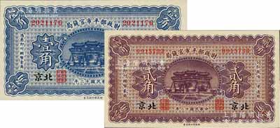 民國十二年（1923年）財政部平市官錢局壹角、貳角共2枚不同，北京地名；白爾文先生藏品，全新