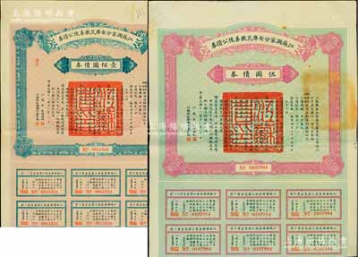 民國十一年（1922年）江蘇國家分金庫災歉善后公債券伍圓、壹佰圓共2枚不同，由江蘇省長韓國鈞、財政廳長嚴家熾簽署，八成新