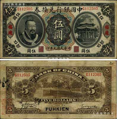 民國元年（1912年）中國銀行兌換券黃帝像伍圓，福建地名，湯睿·嚴鷗客簽名，乃屬歷史同時期之偽改地名券；江南藏家出品，八成新
