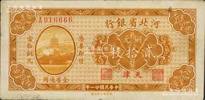 民國廿一年（1932年）河北省銀行銅元貳拾枚，天津地名，少見，八成新
