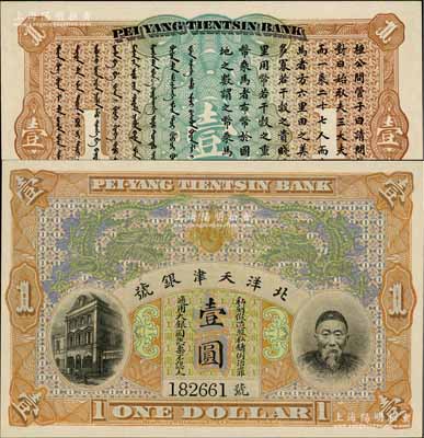 北洋天津銀號壹圓，上印李鴻章頭像；柏文先...