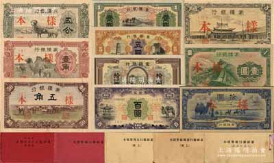 《蒙疆銀行紙幣樣本》共5冊不同大全套，內含10種不同版式樣本券，詳分：①第1冊甲號第一版（1938年）壹圓、五圓、拾圓、百圓全套樣本券，正背共8枚；此第一版樣本乃由日本所印制，正面下邊均帶有“凸版印刷株式會社·東京”印刷廠名；②第2冊甲號輔幣券（1940年）五分、壹角、駱駝圖五角全套樣本券，正背共6枚；③第3冊（乙號）小廟圖五角樣本券，正背共2枚；④第4冊（乙號）長城圖壹圓樣本