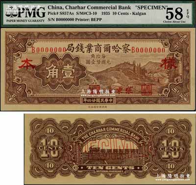 民國廿四年（1935年）察哈爾商業錢局壹角樣本券，張家口地名，正背共2枚；奚崢云先生藏品，九五成新