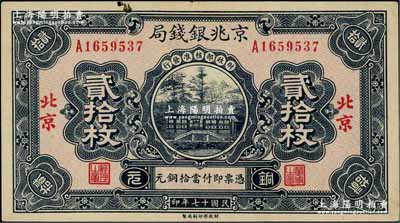 民國(guó)十七年（1928年）京兆銀錢局銅元貳拾枚，北京地名，該局為河北銀錢局之前身；奚崢云先生藏品，未折九成新
