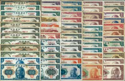 中央銀行金圓券共60種不同，詳分：①美鈔版1945年壹圓無字軌、雙字軌，林森像伍圓無字軌、單字軌、雙字軌，拾圓孔祥熙·李駿耀簽名之無字軌、單字軌，俞鴻鈞·李駿耀簽名之單字軌、雙字軌；林森像貳拾圓單字軌、雙字軌，孫像伍拾圓無字軌、單字軌、雙字軌券，蔣像伍拾圓無字軌、單字軌、雙字軌，壹百圓單字軌；②德納羅版1946年壹角、貳角；③中央廠1948年伍角、拾圓、貳拾圓、伍拾圓、壹佰圓，