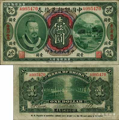 民國元年（1912年）中國銀行兌換券黃帝像壹圓，左右分印“東三省通用”、“每圓付拾角”，孫多森·張競立簽名，屬第一版發行，八成新
